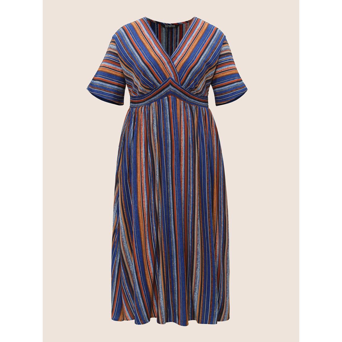 Plus Size Striped Contrast Dolman Sleeve Shirred Pocket Split Flutter Dress Blue Women Resort Non V-neck Half Sleeve Curvy BloomChic 28/5X Product Image