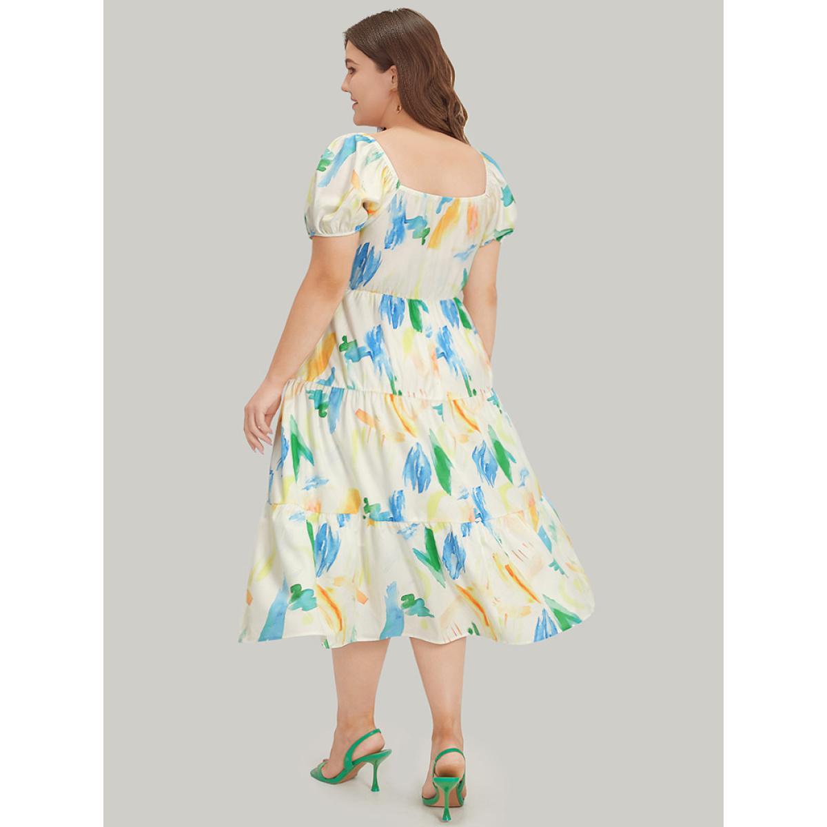 Plus Size Colour Geometric Print Square Neck Shirred Puff Sleeve Dress Multicolor Women Vacation Elastic cuffs Square Neck Short sleeve Curvy Midi Dress BloomChic 10/M Product Image