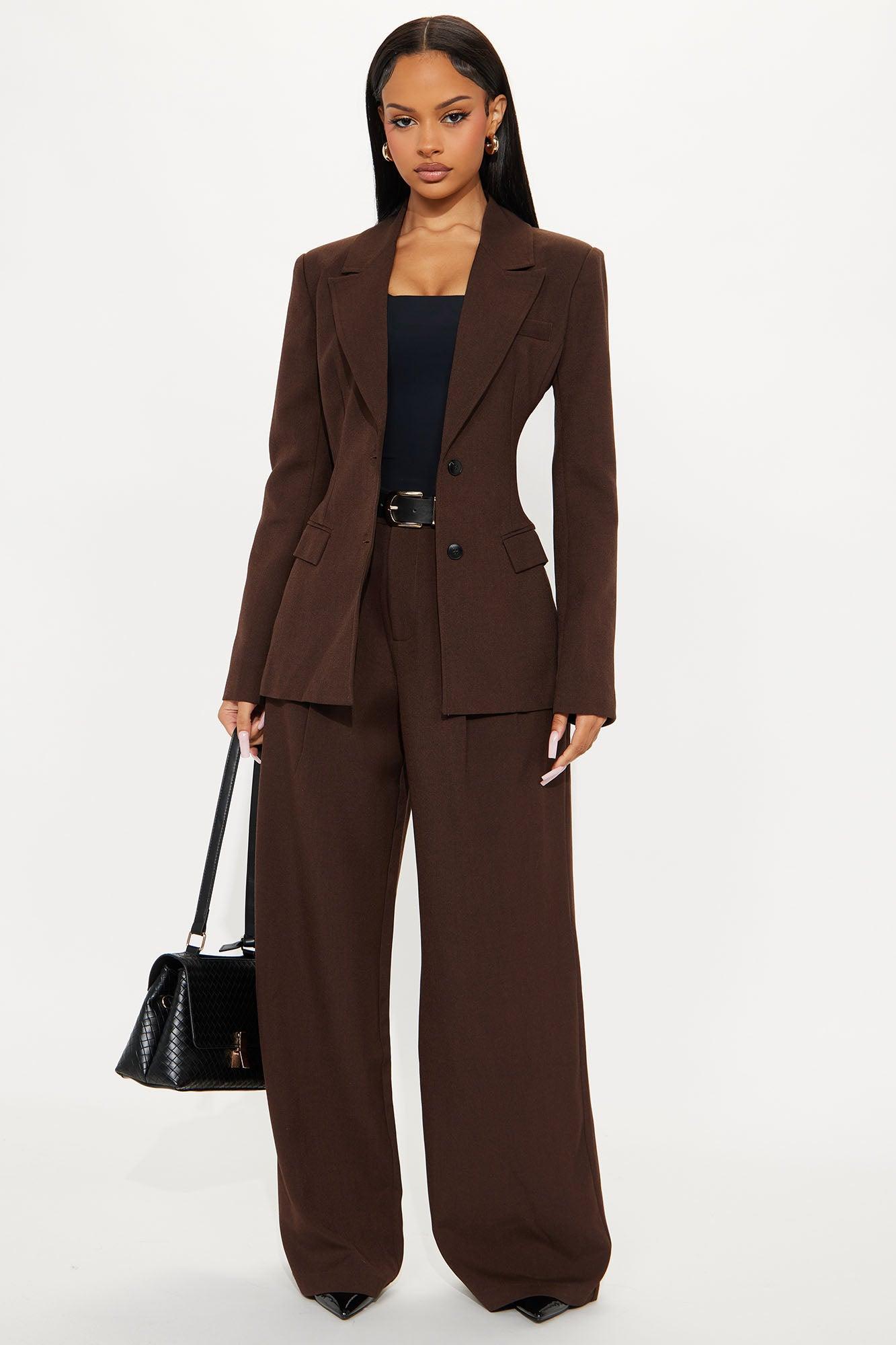 Going Forward Fitted Waist Blazer Pant Set - Brown Female Product Image