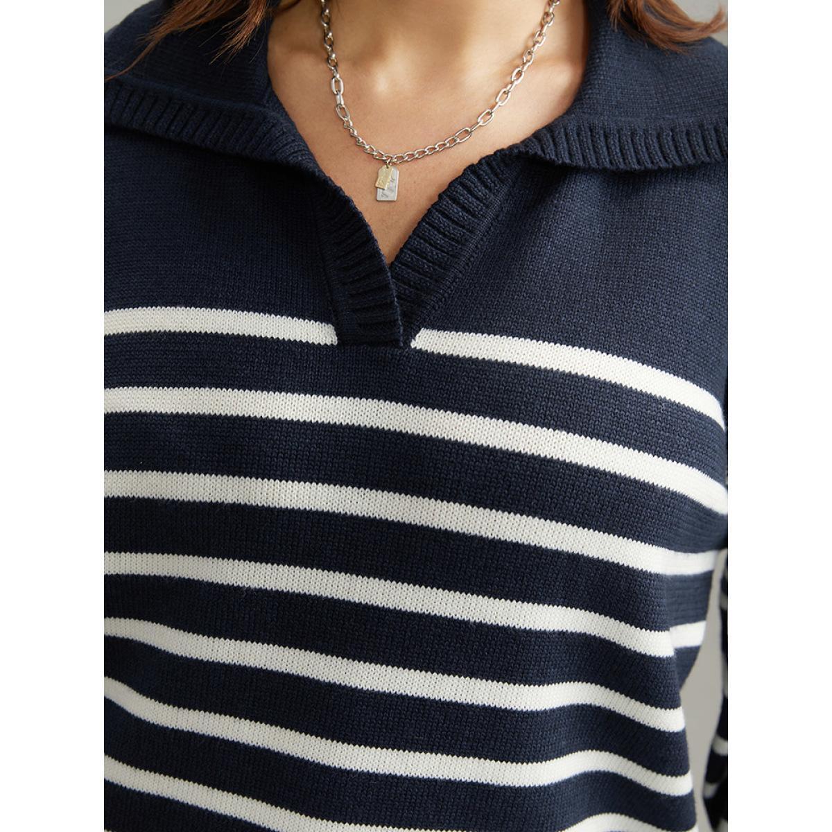 Plus Size Polo Striped Print Split Side Pullover Midnight Women Casual Loose Long Sleeve Polo Dailywear Pullovers BloomChic 22-24/3X Product Image