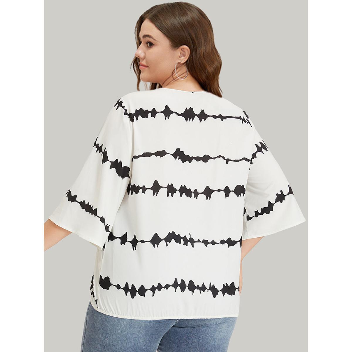 Plus Size White Striped Tie Dye V Neck Gathered Blouse Women Elegant Elbow-length sleeve V-neck Dailywear Blouses BloomChic 28/5X Product Image