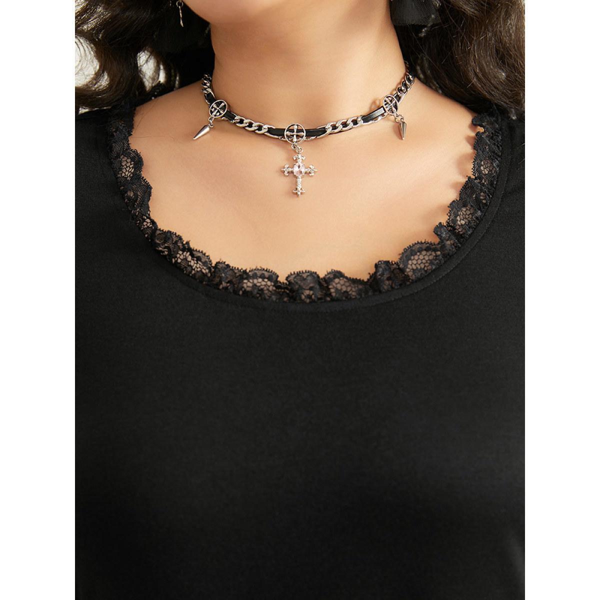 Plus Size Halloween Crochet Lace Round Neck Bell Sleeve Dress Black Women Casual Plain Round Neck Long Sleeve Curvy Knee Dress BloomChic 28/5X Product Image