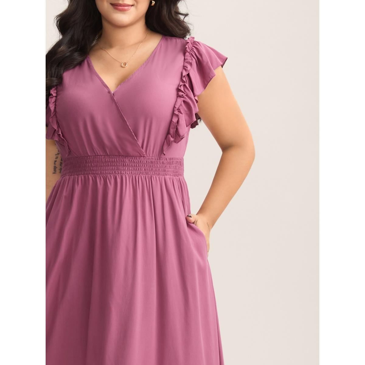 Plus Size Rayon Ruffled Shirred Waist Solid Midi Dress Peach Women Overlap Collar Cap Sleeve Curvy BloomChic 22-24/3X Product Image