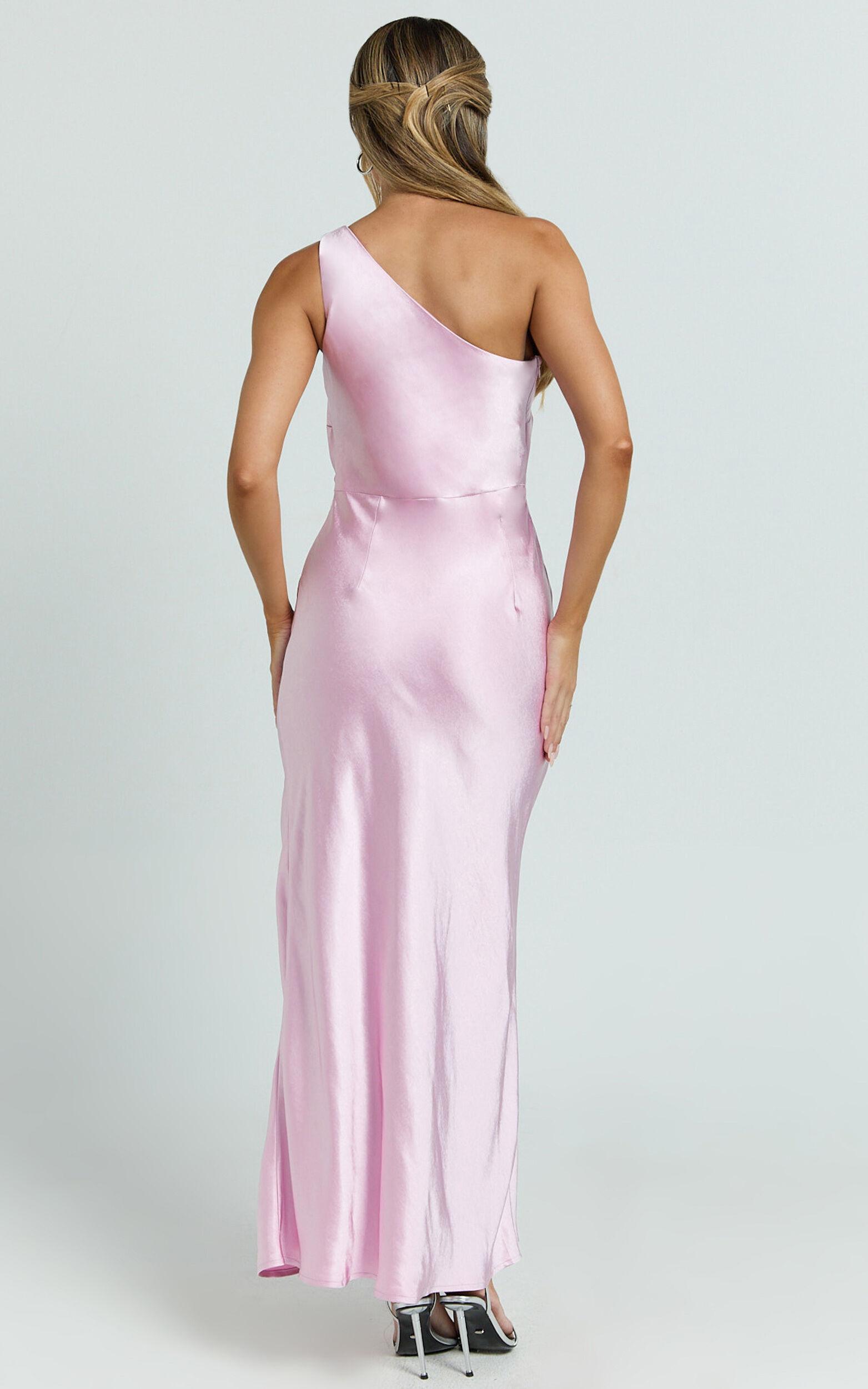Isla Maxi Dress - Satin One Shoulder Side Split Dress in Pink Product Image