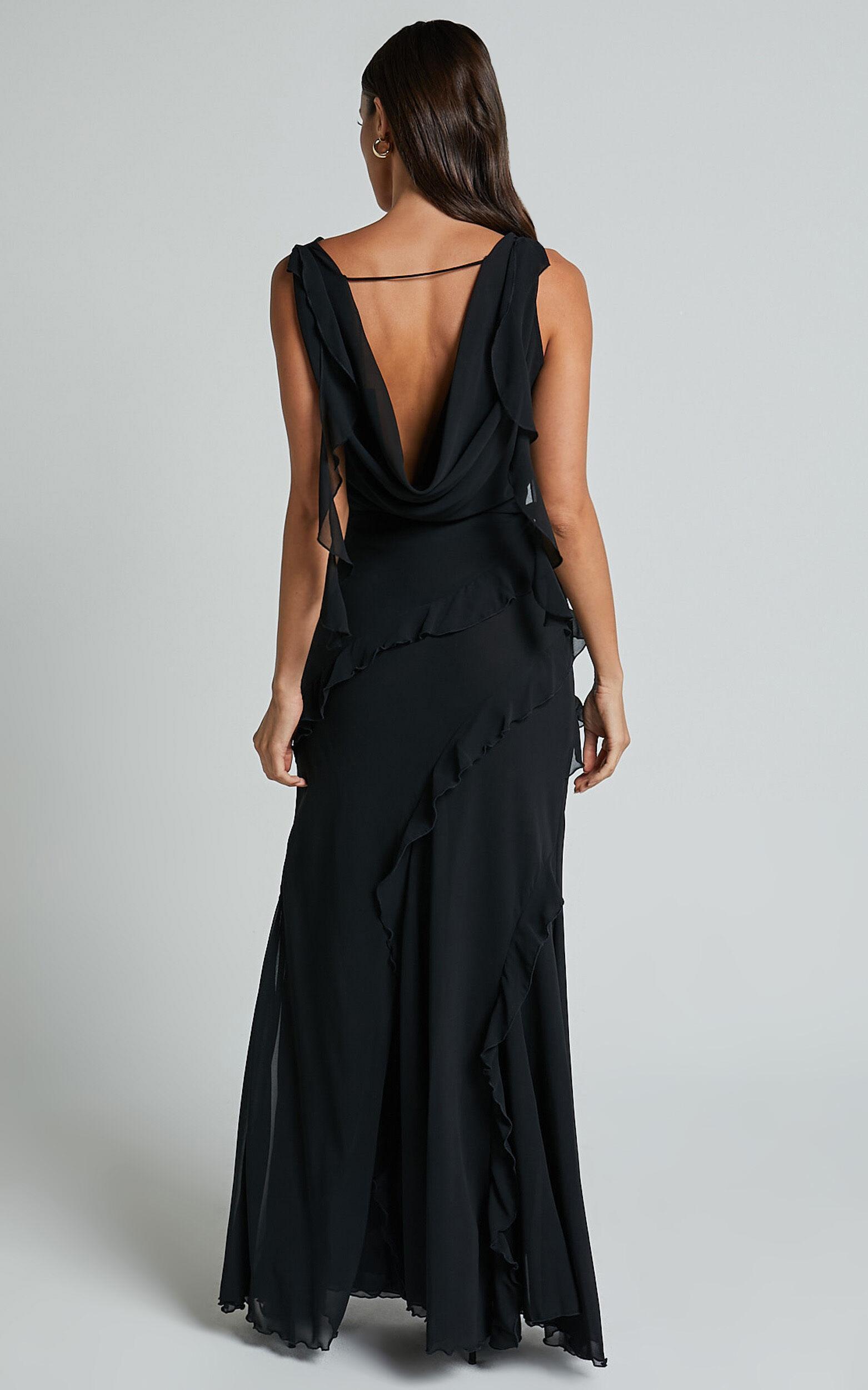 Lowen Maxi Skirt - High Waist Frill Thigh Split Skirt in Black Product Image