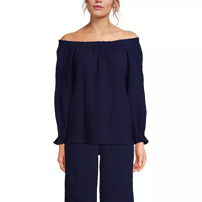 Women's Lands' End Gauze 3/4-Sleeve Off Shoulder Blouse, Size: Large, Deep  Blue Product Image