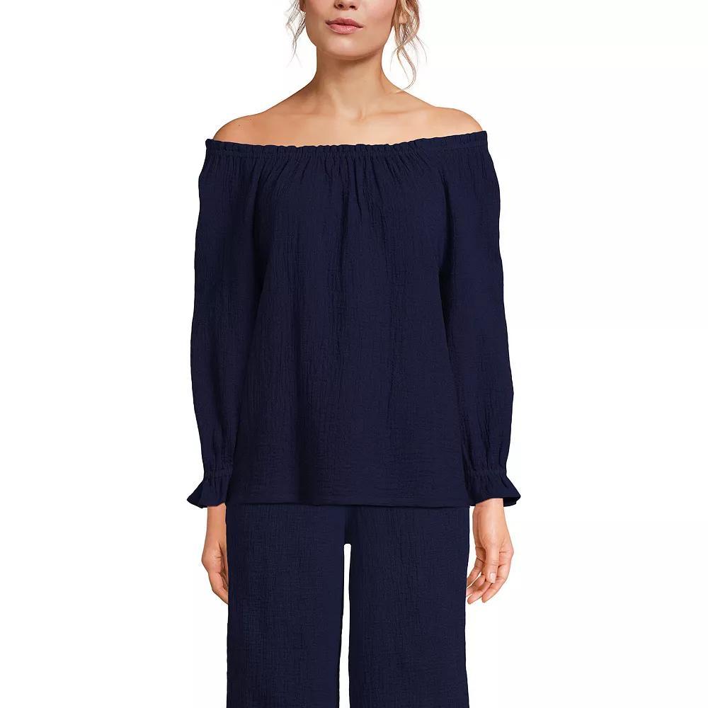 Women's Lands' End Gauze 3/4-Sleeve Off Shoulder Blouse, Size: Large, Deep  Blue Product Image