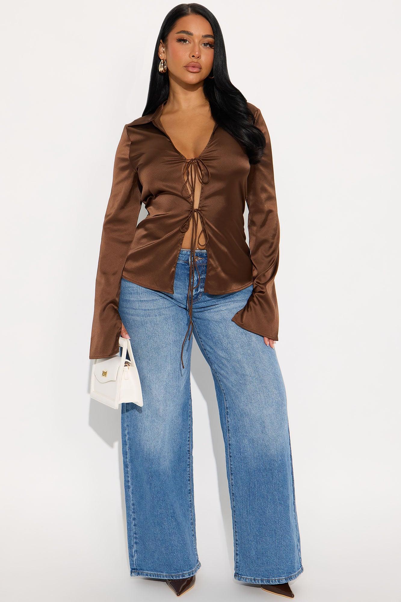 Satin Effect Tie Front Flyaway Top - Chocolate Product Image