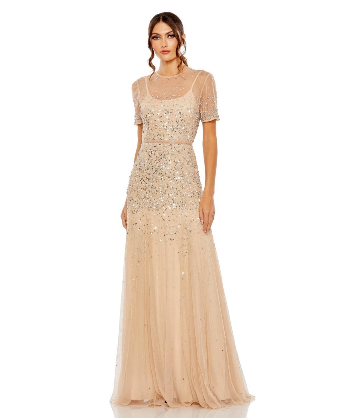 Mac Duggal Short Sleeve Illusion Neck Sequin Embellished A Product Image