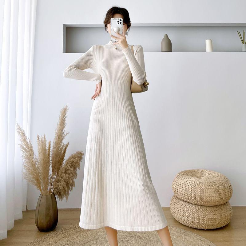 Long-Sleeve Mock Neck Plain Ribbed Midi A-Line Knit Dress Product Image
