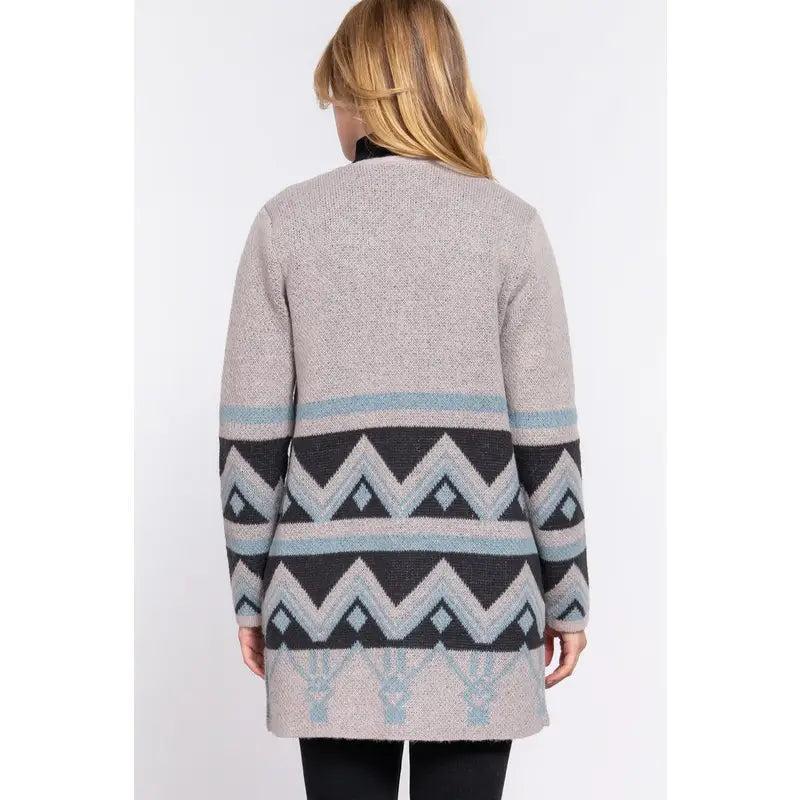 Women's Long Sleeve Gray Southwest Print Cardigan Sweater Product Image