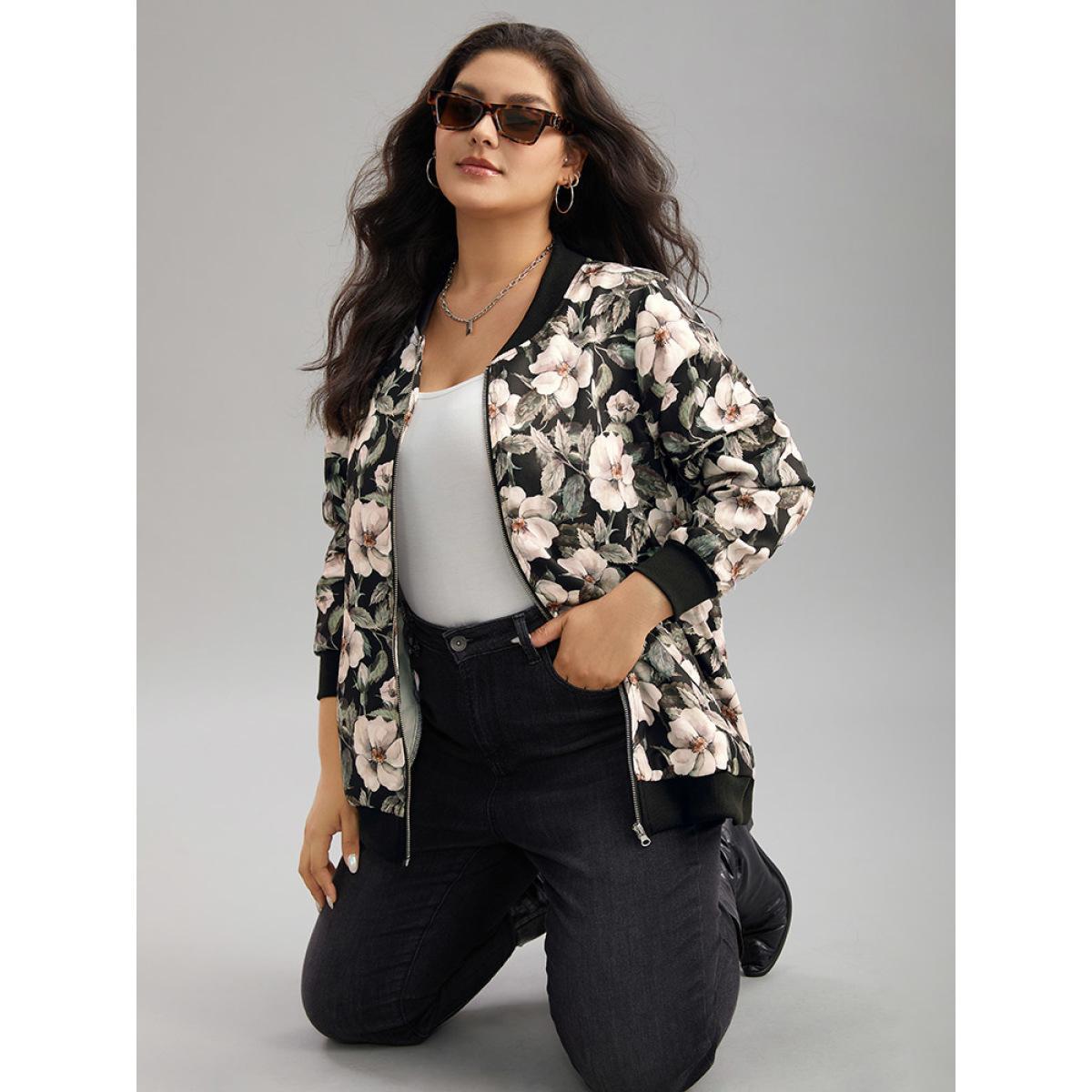 Plus Size Floral Print Patchwork Zipper Jacket Women BlackFlower Elastic cuffs Pocket Everyday Jackets BloomChic 28/5X Product Image
