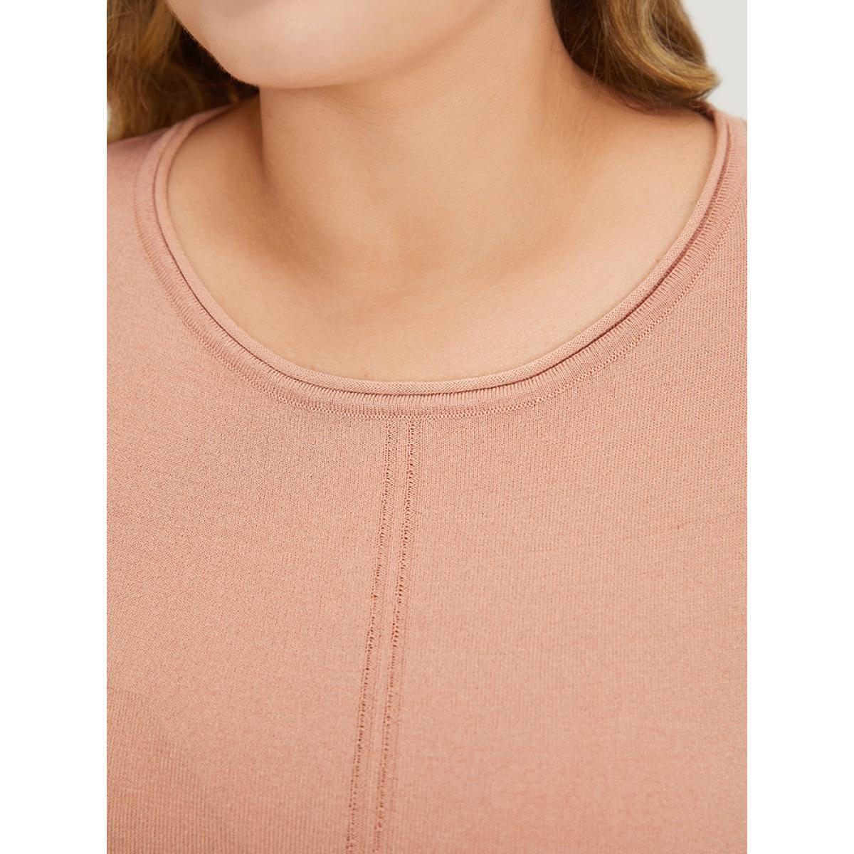 Plus Size Solid Patched Pocket Split Side High Low Hem Pullover Salmon Women Casual Loose Elbow-length sleeve Round Neck Dailywear Pullovers BloomChic 22-24/3X Product Image