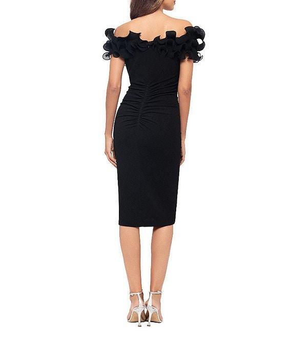 Xscape Petite Size Scuba Crepe V-Neck Sleeveless Wire Ruffle Trim Ruched Back Dress Product Image