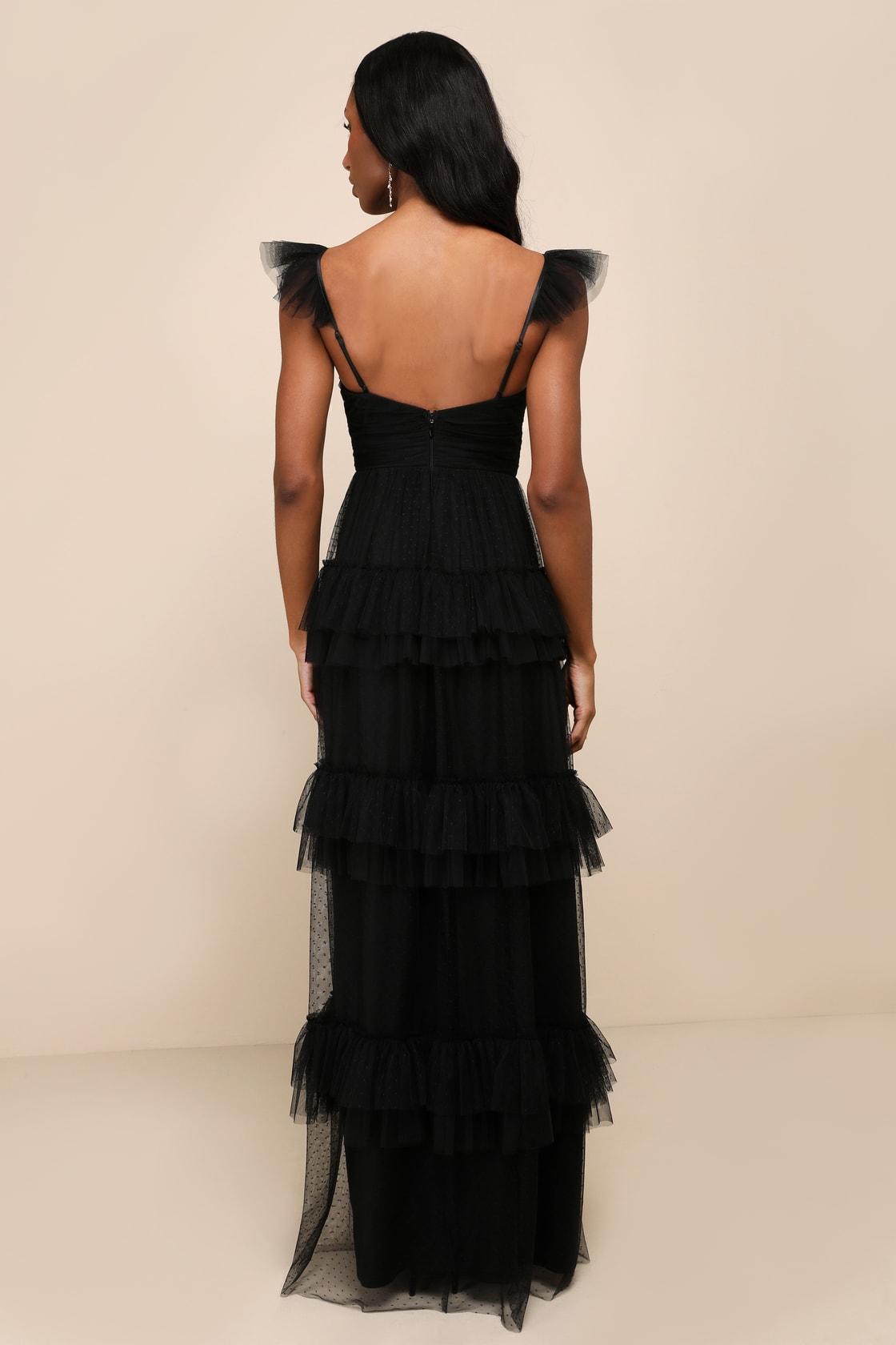 Pure Radiance Black Mesh Swiss Dot Tiered Maxi Dress Product Image