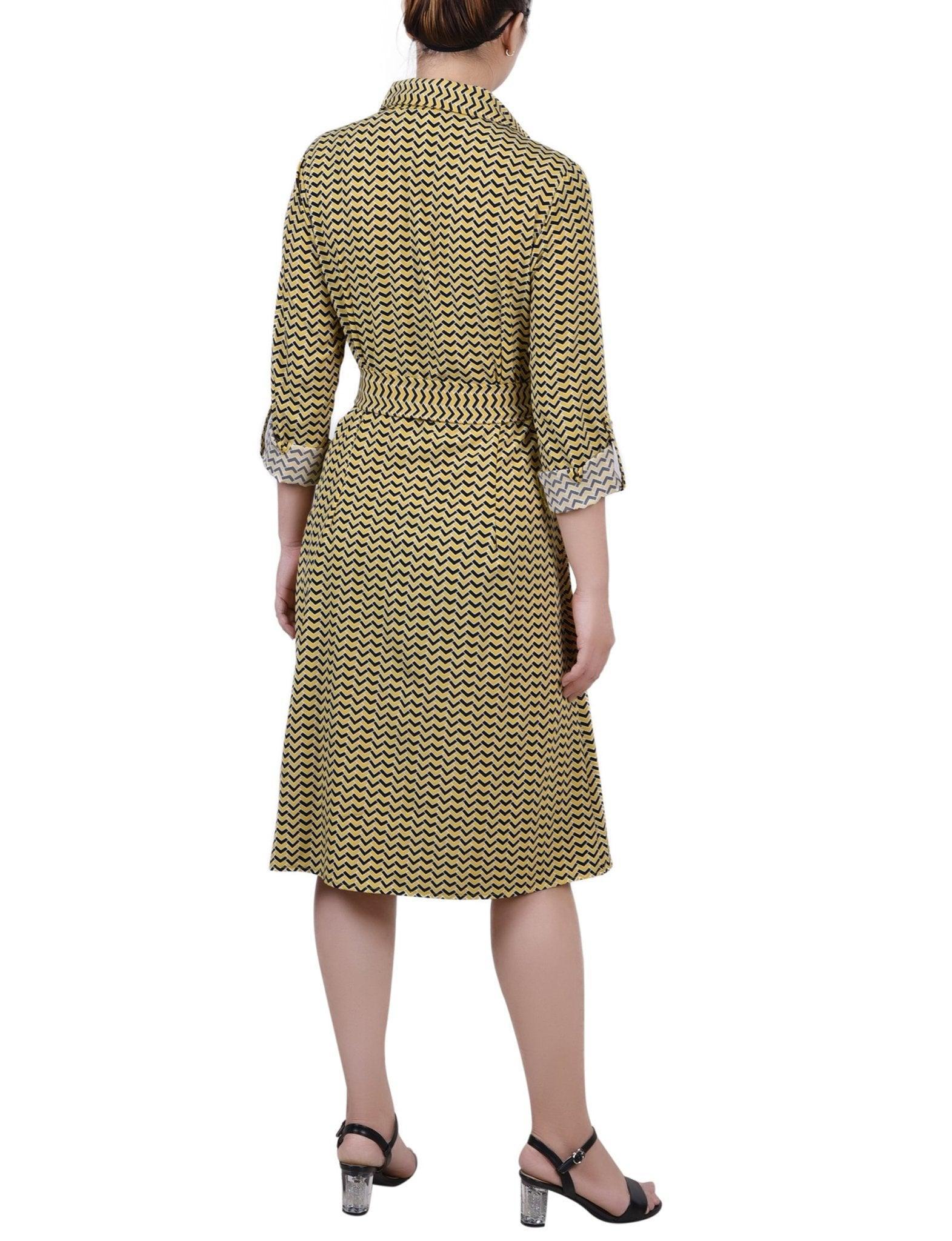 Cypress Inca Gold Navy Zigzag 3/4 Roll Tab Sleeve Belted Shirtdress - Petite Product Image