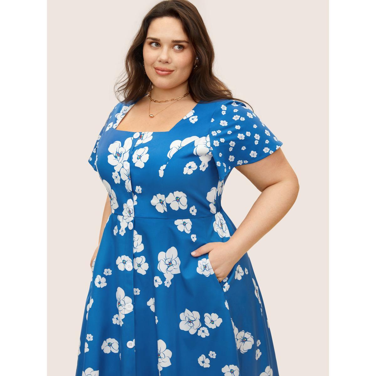 Plus Size Square Neck Natural Flowers Ruffle Sleeve Dress Blue Women Elegant Button Square Neck Short sleeve Curvy BloomChic 14-16/1X Product Image