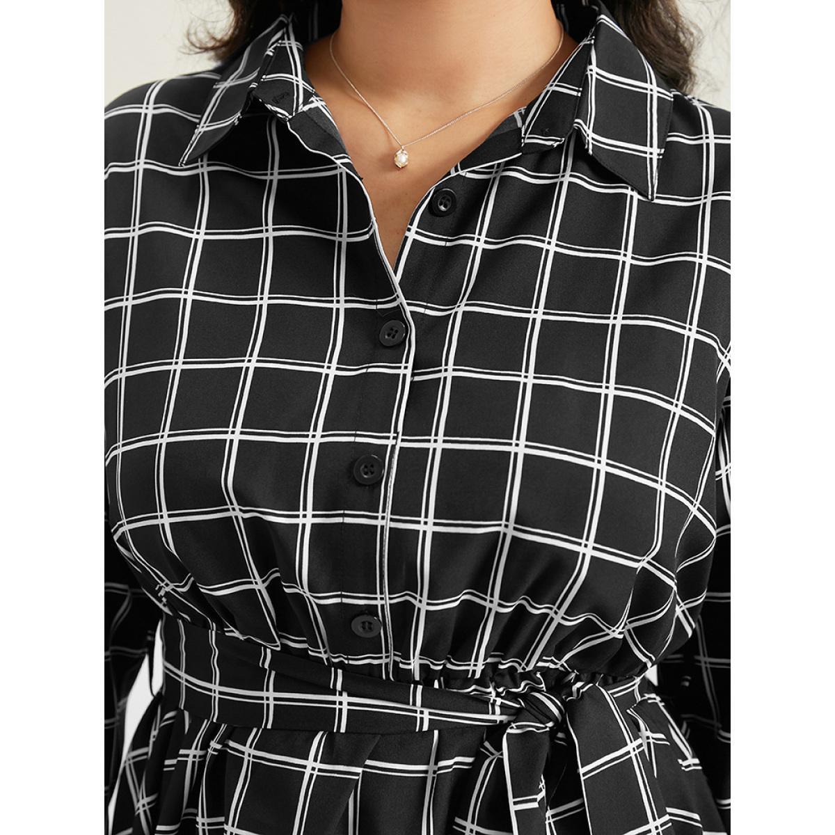 Plus Size Black Plaid Button Up Belted High Low Hem Blouse Women Office Long Sleeve Shirt collar Work Blouses BloomChic 30/6X Product Image