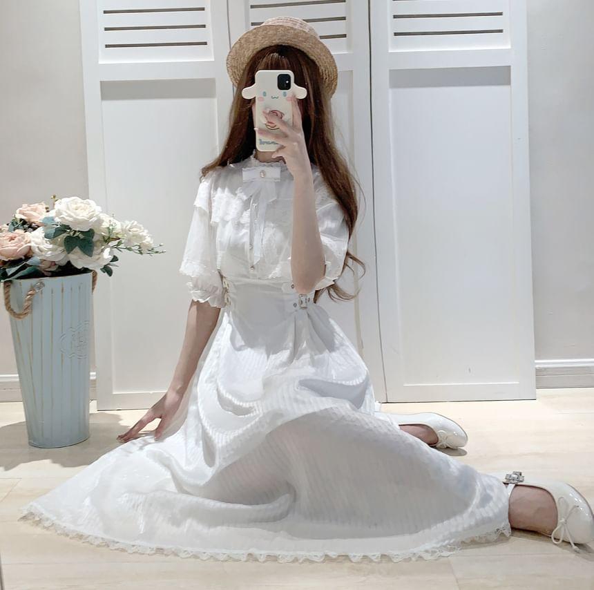 Short-Sleeve Bow Buckled Lace Trim Midi A-Line Dress Product Image