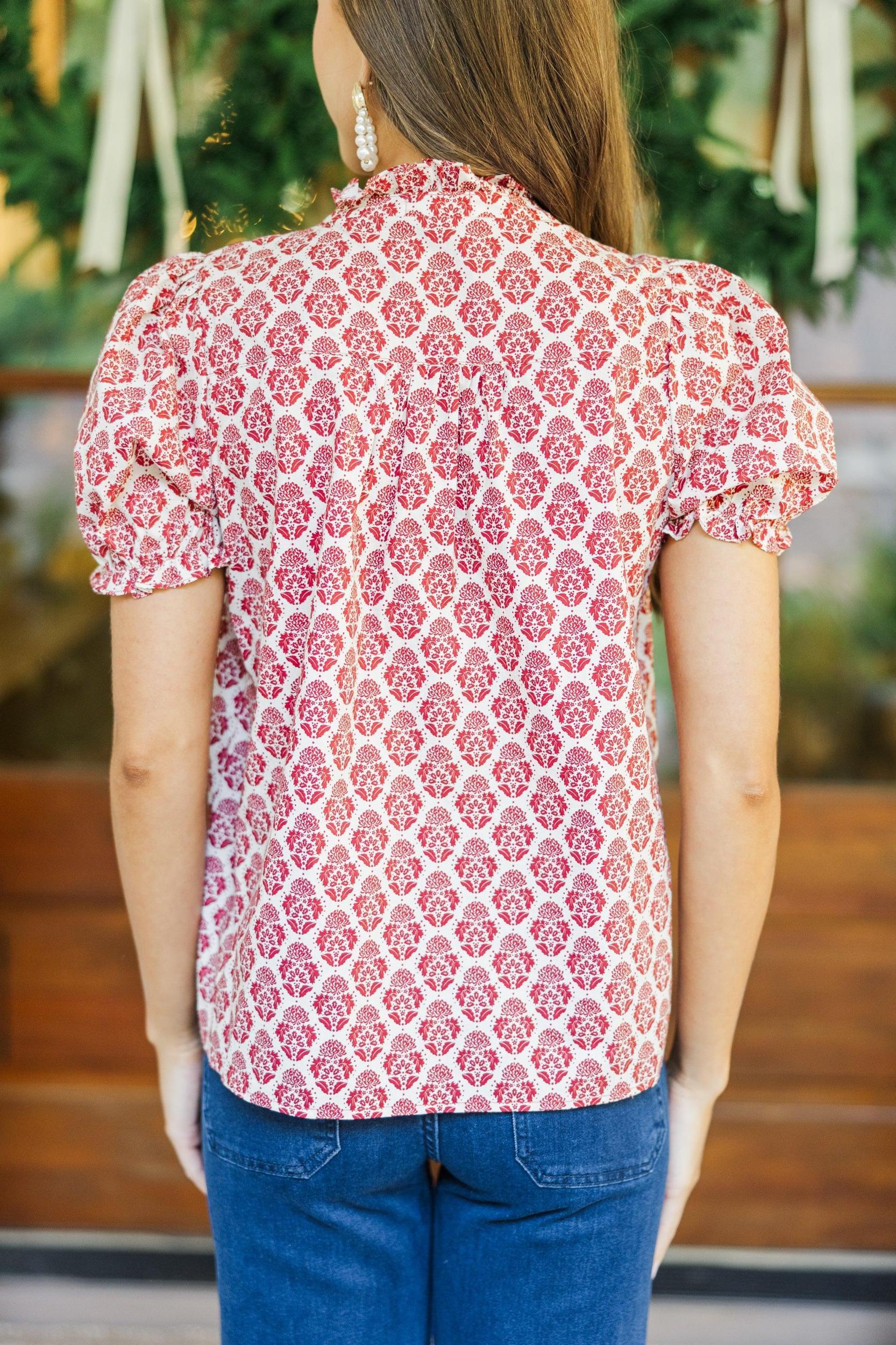 Keep It Up Burgundy Red Medallion Ruffled Blouse Female Product Image