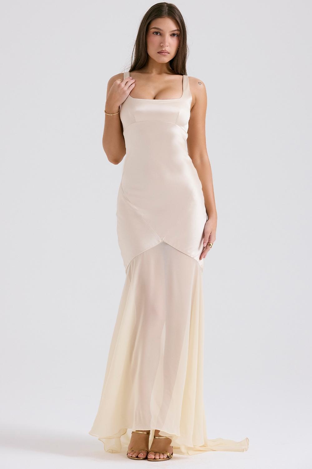 Vittoria Champagne Chiffon Floor Length Gown Product Image