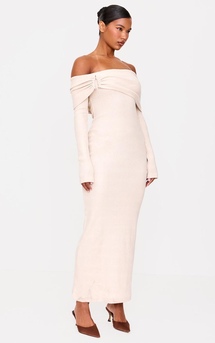 Stone Heavy Brushed Rib Bardot Trim Maxi Dress Product Image