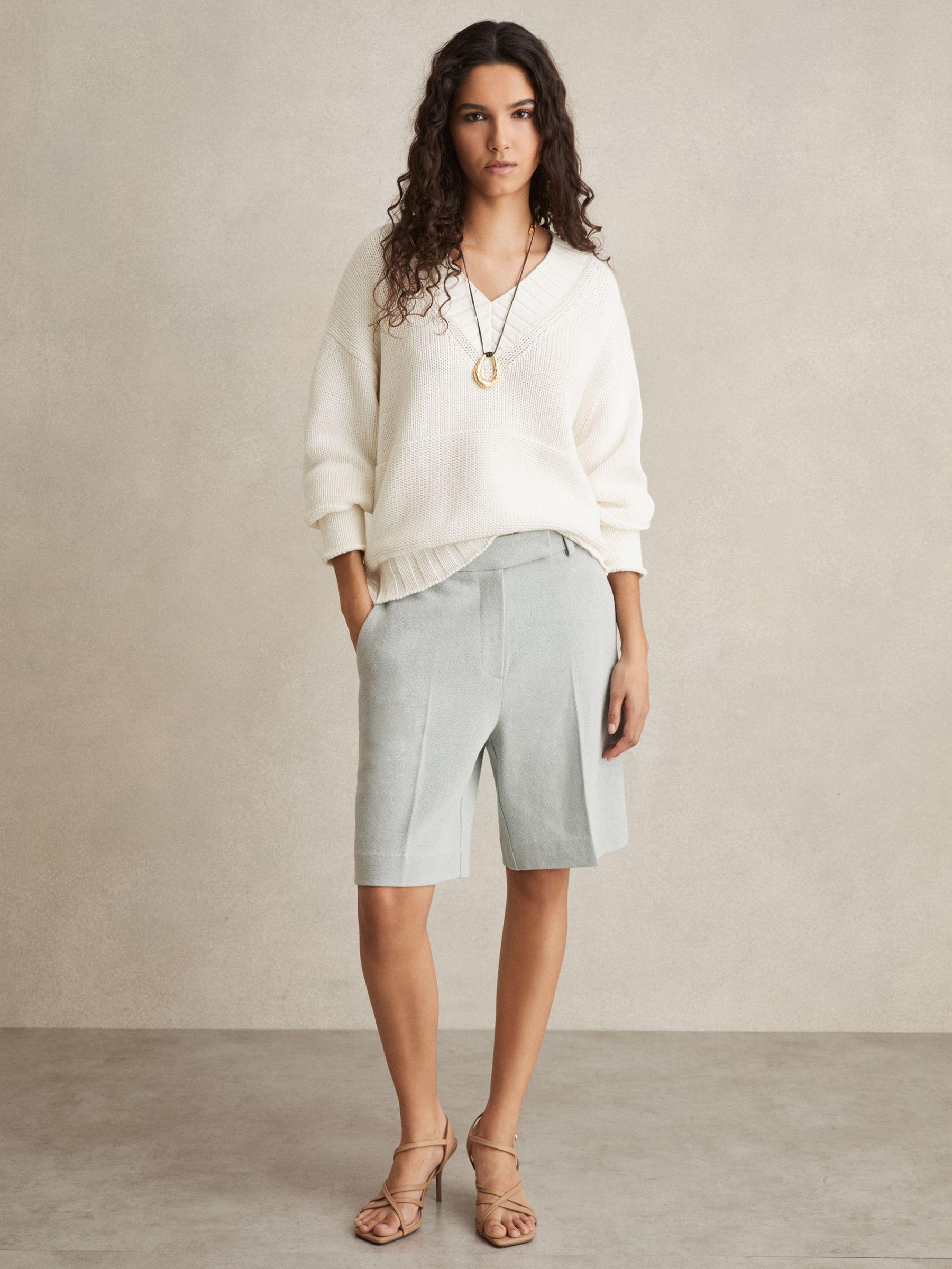 Cotton V-Neck Knit Jumper in White Product Image