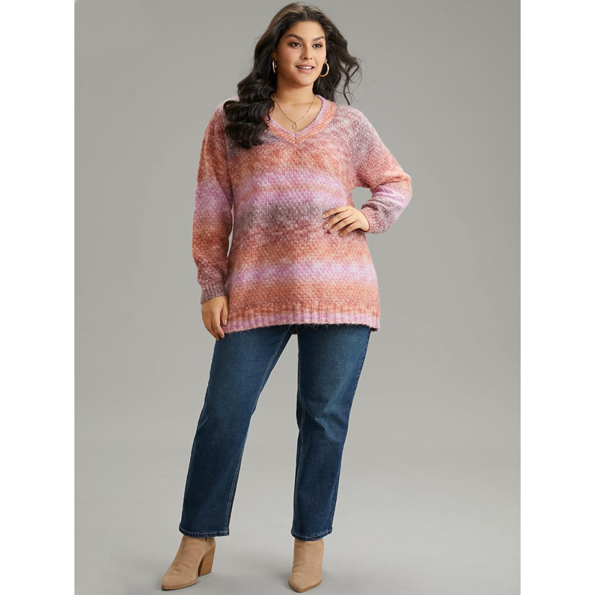 Plus Size Ombre Heather V Neck Pullover Multicolor Women Casual Loose Long Sleeve V-neck Dailywear Pullovers BloomChic 14-16/1X Product Image