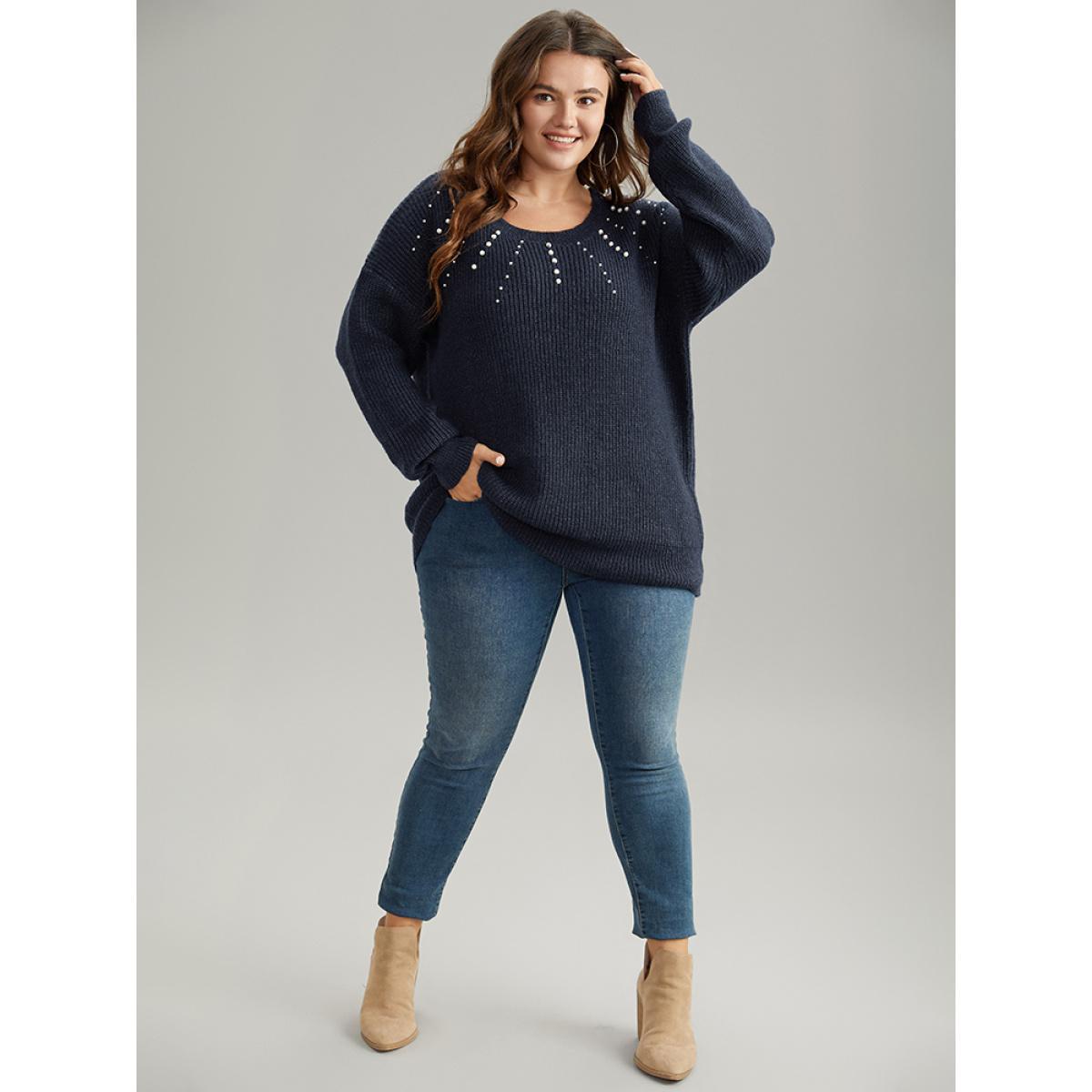 Plus Size Beaded Round Neck Elastic Cuffs Pullover Midnight Women Casual Loose Long Sleeve Round Neck Dailywear Pullovers BloomChic 22-24/3X Product Image