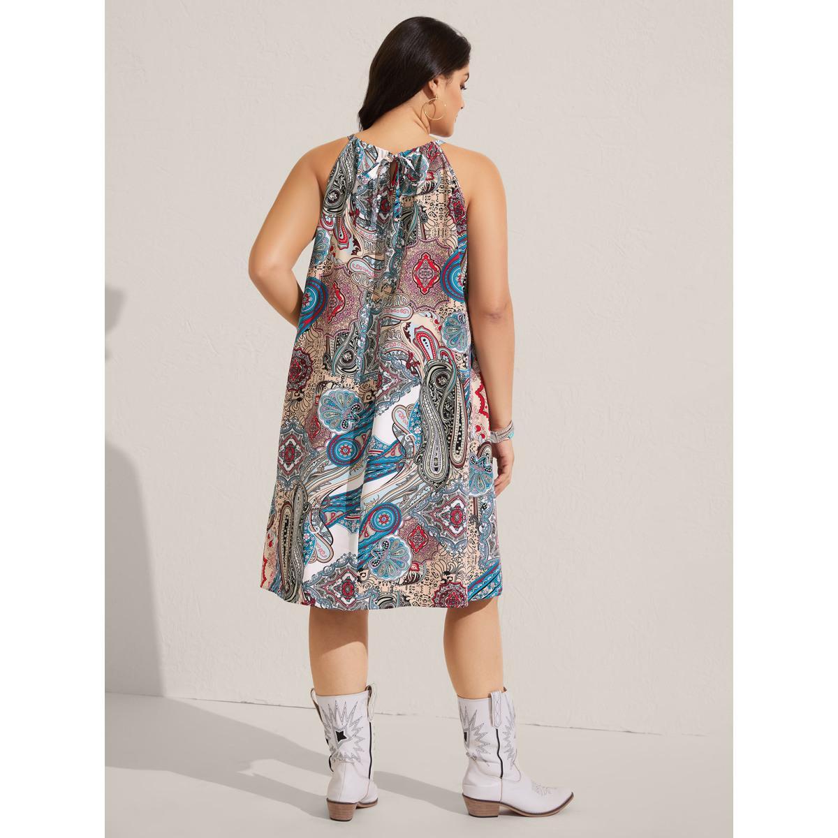 Plus Size Paisley Print Flowy A-Line Midi Dress Multicolor Women Round Neck Sleeveless Curvy BloomChic 12/L Product Image