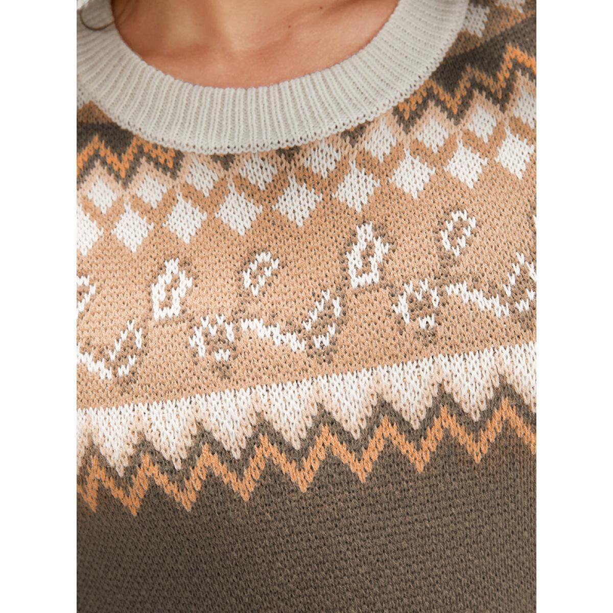 Plus Size Bandana Pointelle Knit Contrast Geometric Jacquard Knit Top Multicolor Women Casual Long Sleeve Round Neck Dailywear Pullovers BloomChic 10/M Product Image