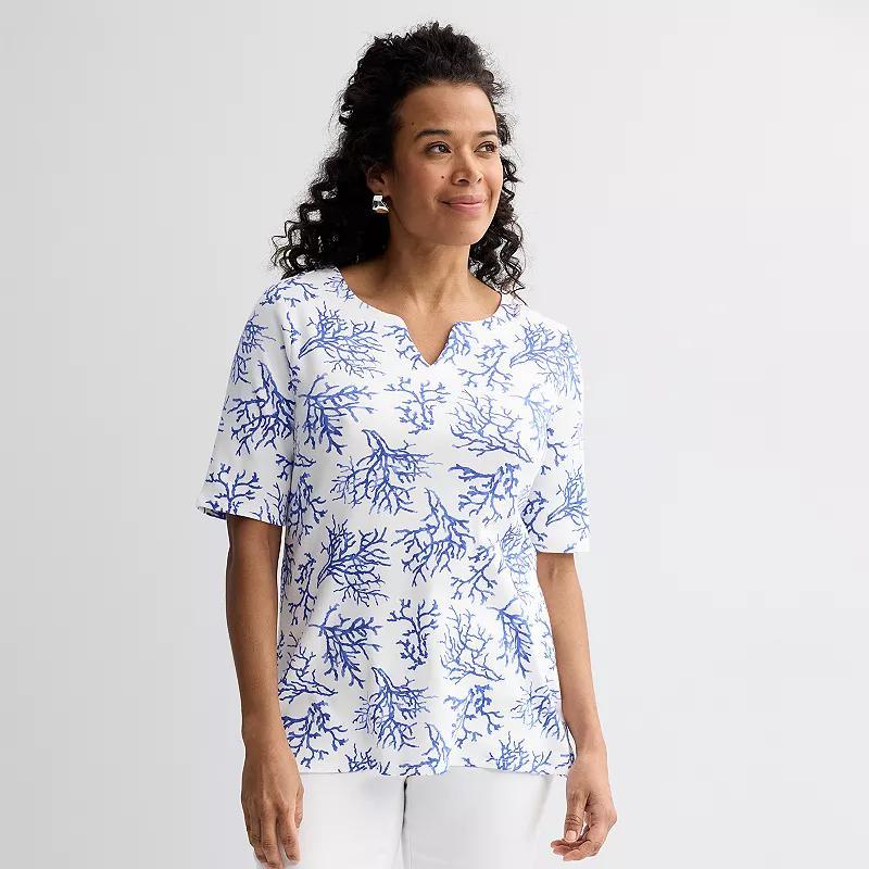 Women's Croft & Barrow® Elbow-Sleeve Splitneck Top, Size: Medium, Pink Tidy Stripe Product Image
