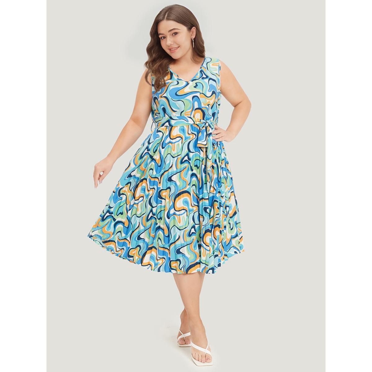 Plus Size Water Ripple Print V Neck Belted Plicated Detail Tank Dress Blue Women Elegant Belted V-neck Sleeveless Curvy Midi Dress BloomChic 18-20/2X Product Image