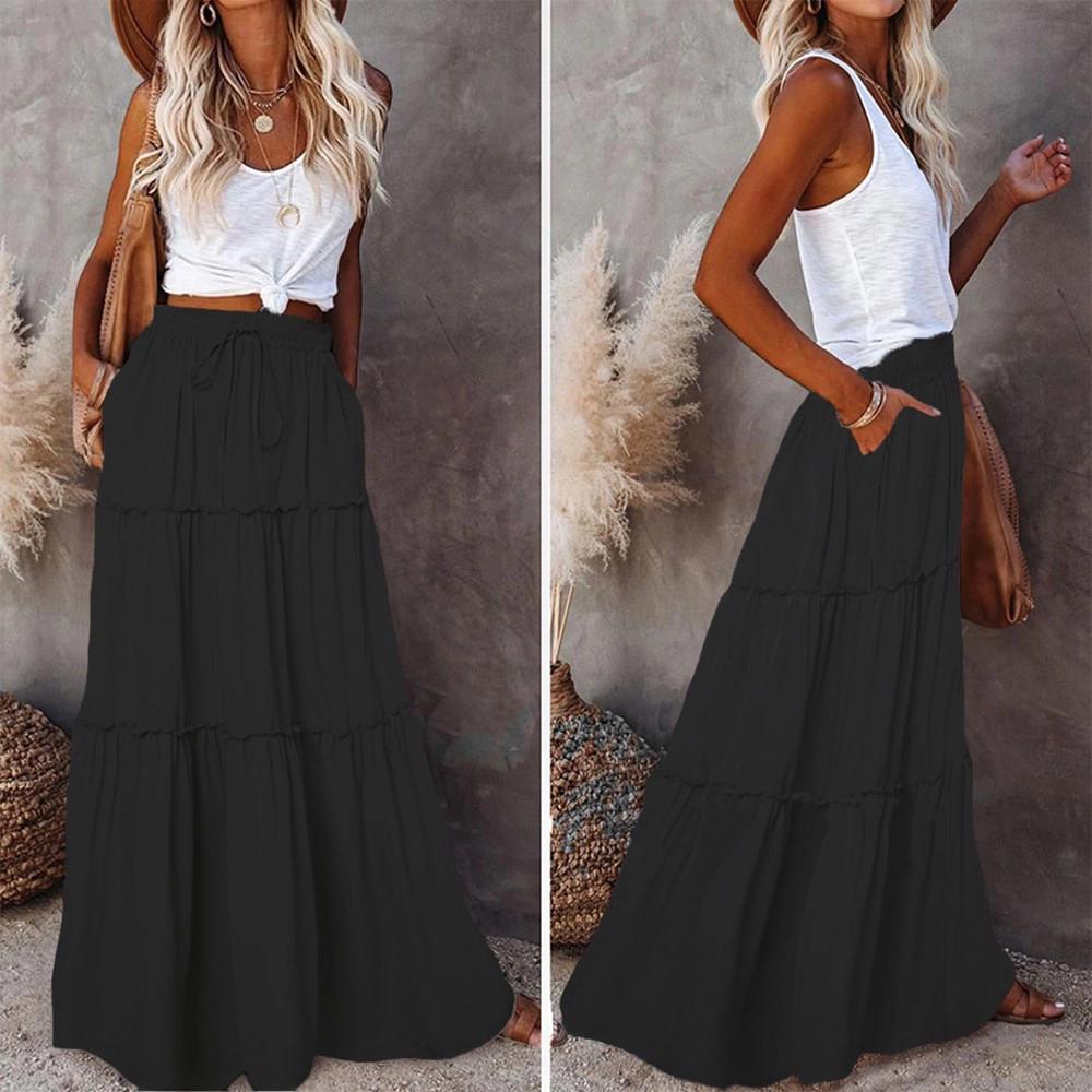 Womens Casual High Waist Tiered Skirts Long Maxi Skirt with Pockets Elastic Waisted Drawstring Swing Maxi Full Length Skirts Product Image