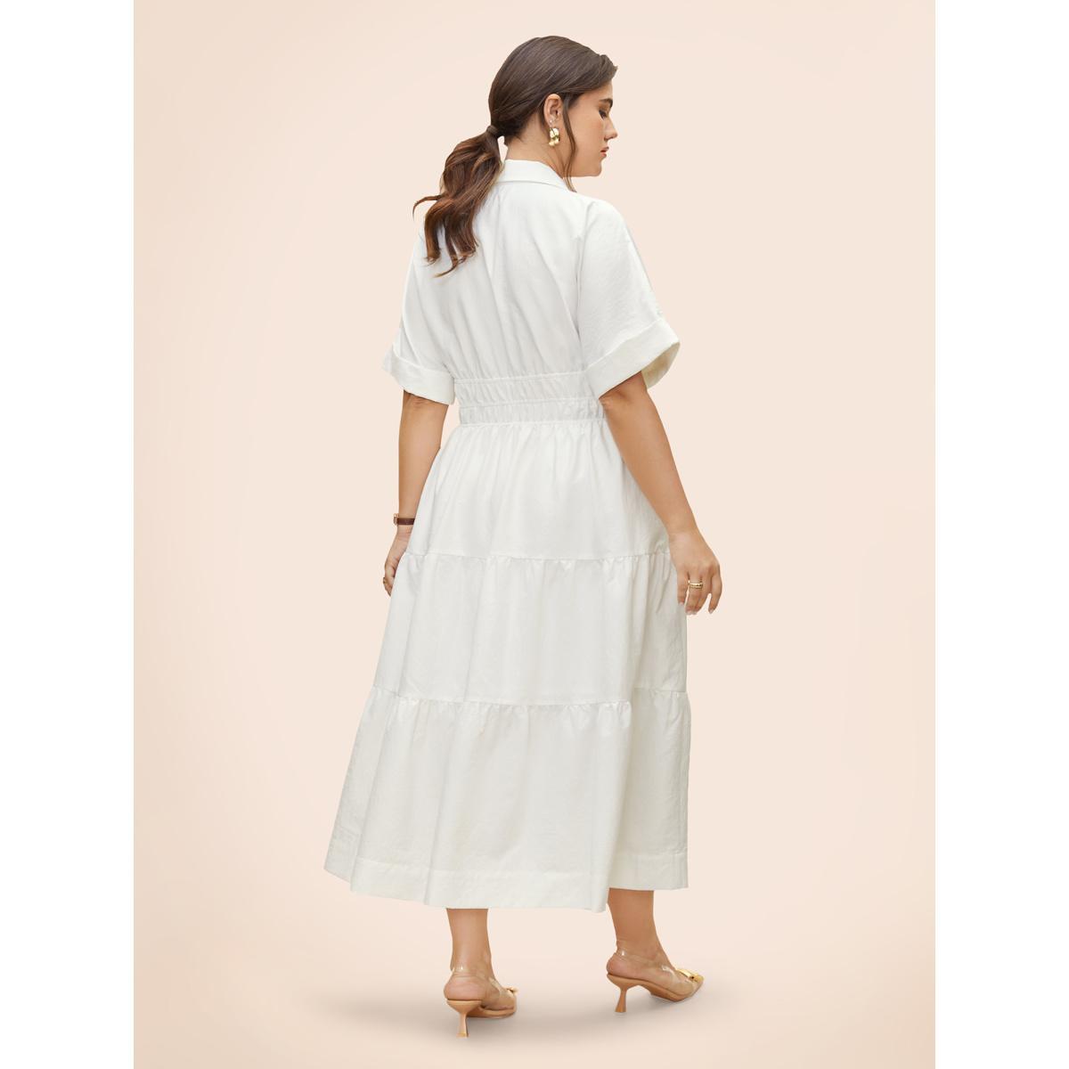 Plus Size Midfield Tiered Midi Shirt Dress Originalwhite Women At the Office Gathered Shirt collar Short sleeve Curvy BloomChic 10/M Product Image