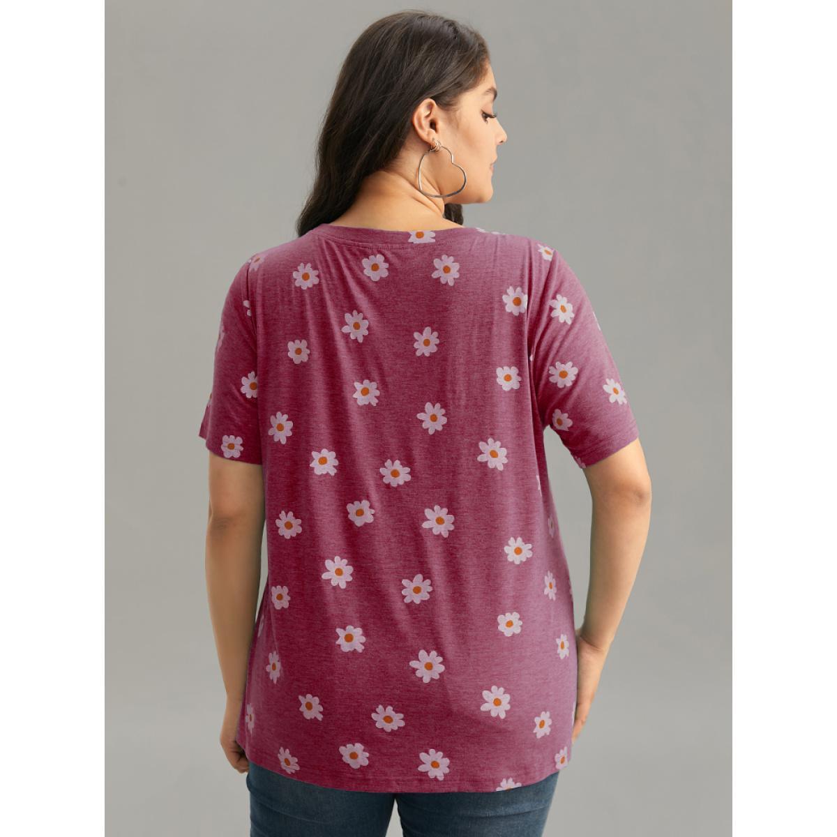 Plus Size Small Daisy Print Round Neck T-shirt Russet Women Casual Printed Plants Round Neck Dailywear T-shirts BloomChic 18-20/2X Product Image