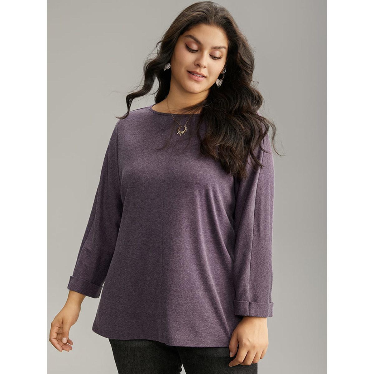Plus Size Solid Heather Round Neck Roll Dolman Sleeve T-shirt Mauve Women Casual Plain Plain Round Neck Dailywear T-shirts BloomChic 30/6X Product Image