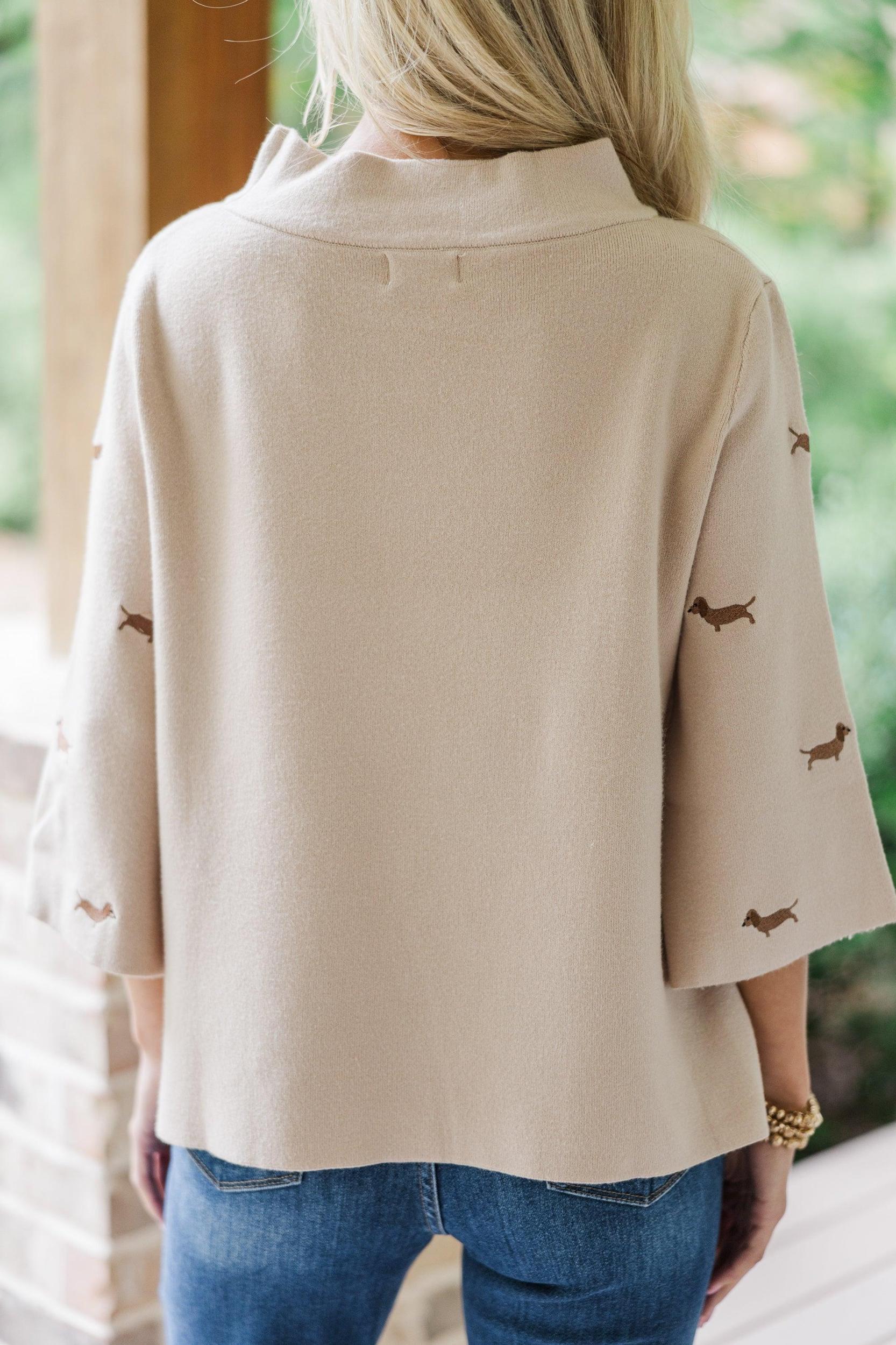 It All Works Taupe Dachshund Embroidered Sweater Female Product Image