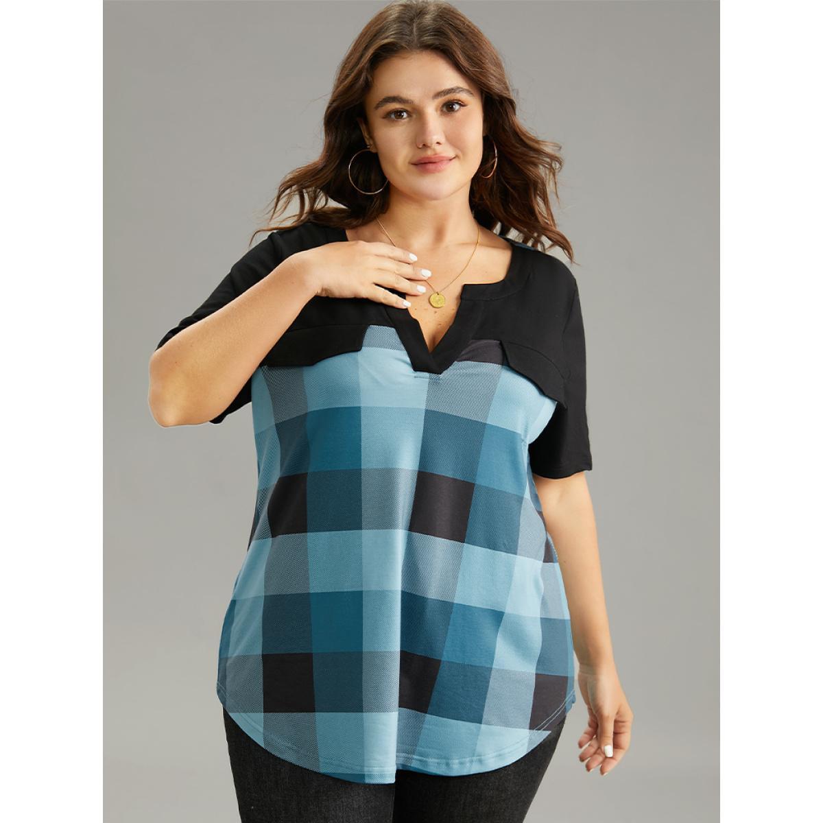 Plus Size Plaid Patchwork Contrast Notched Arc Hem T-shirt Multicolor Women Casual Contrast Plaid Notched collar Everyday T-shirts BloomChic 18-20/2X Product Image