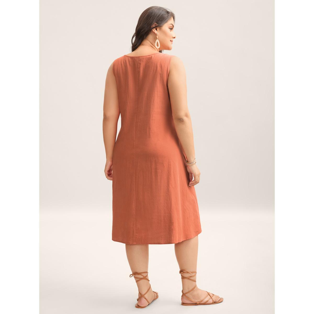 Plus Size Cotton Toothpick Pleat Plain Midi Dress Coral Women Notched collar Sleeveless Curvy BloomChic 12/L Product Image