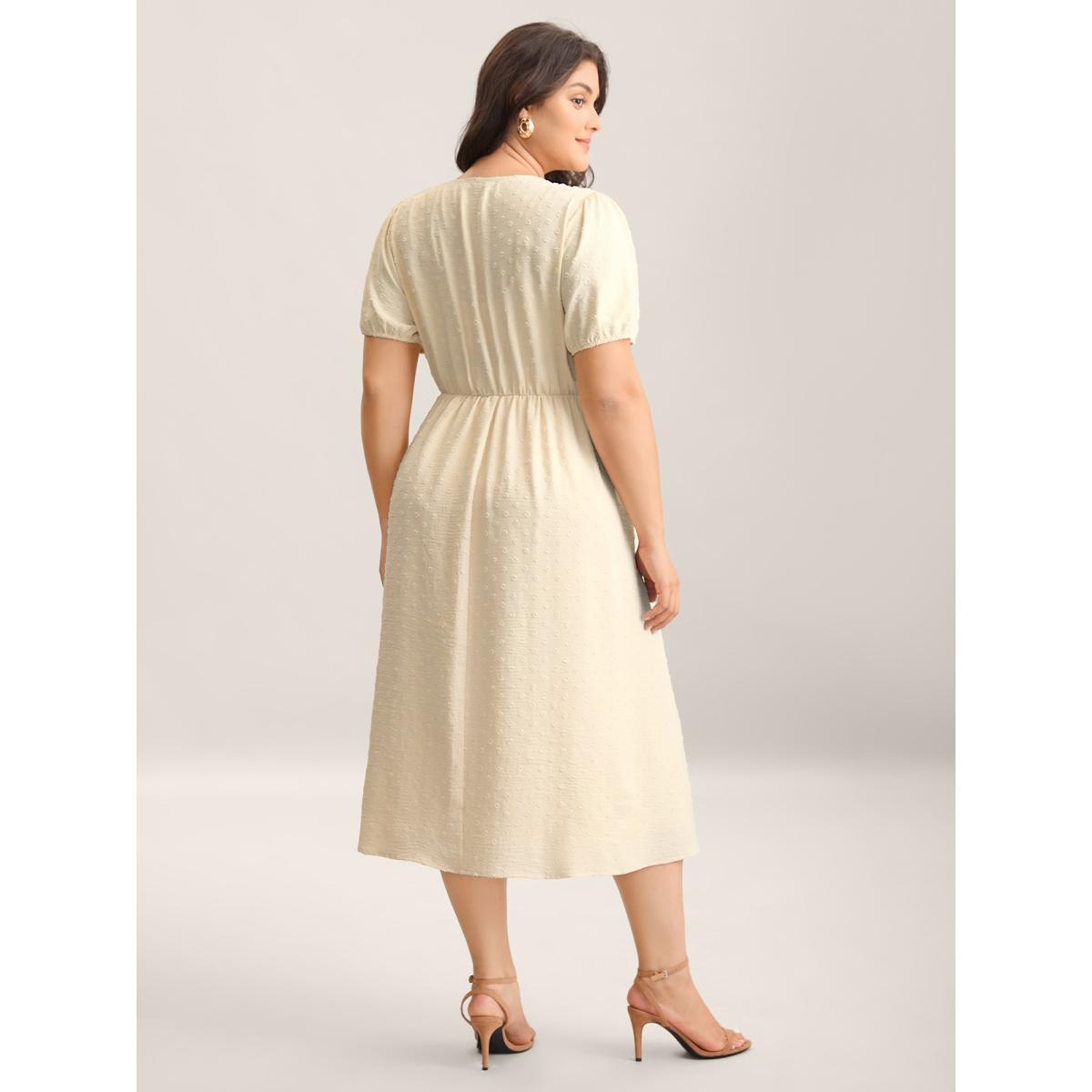 Plus Size Shoulder Pleats Textured Button Maxi Dress Apricot Women V-neck Short sleeve Curvy BloomChic 12/L Product Image
