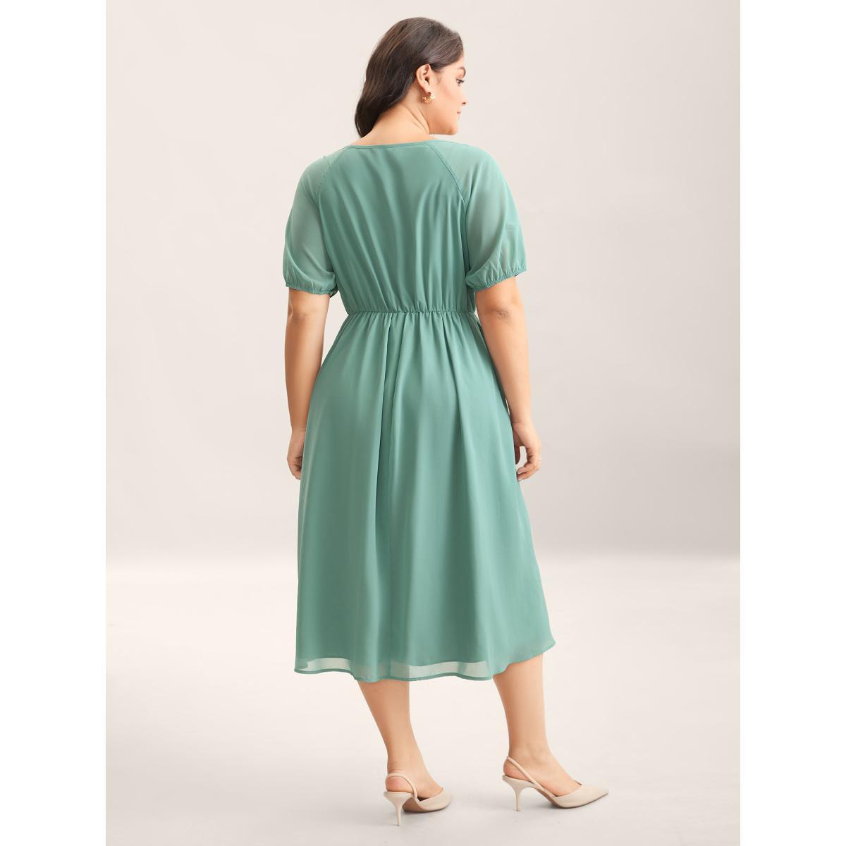 Plus Size Chiffon Ribbon Collar Waist-Cinched Dress Teal Women Square Neck Short sleeve Curvy BloomChic 10/M Product Image