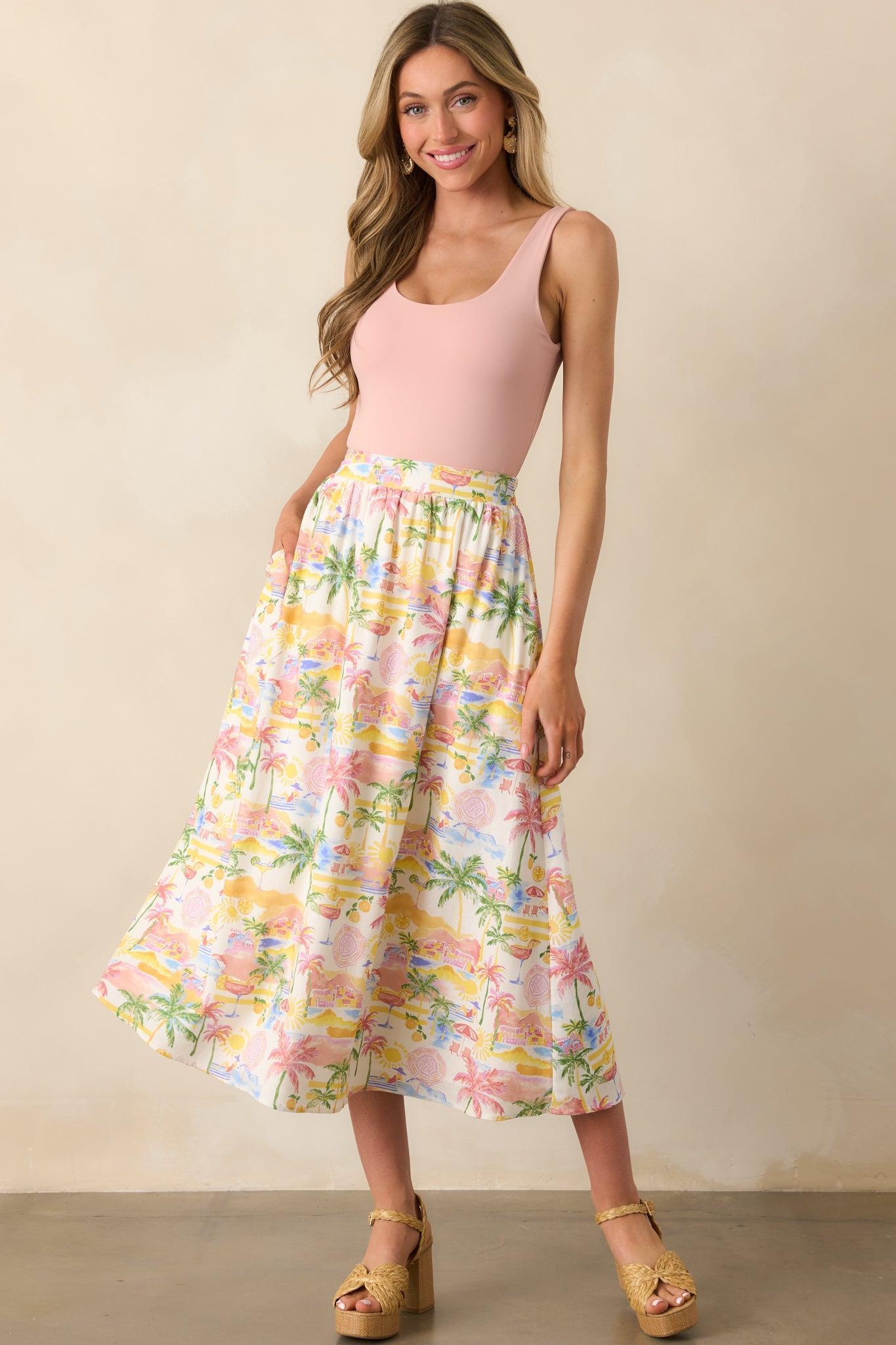Seaside Bliss Ivory Multi Tropical Print Linen Maxi Skirt Product Image