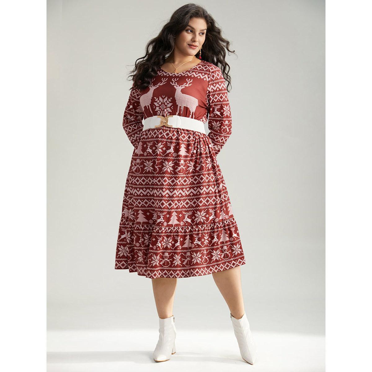 Plus Size Christmas Elk Gathered Ruffle Layered Hem Dress Scarlet Women Casual Printed Round Neck Long Sleeve Curvy Midi Dress BloomChic 10/M Product Image