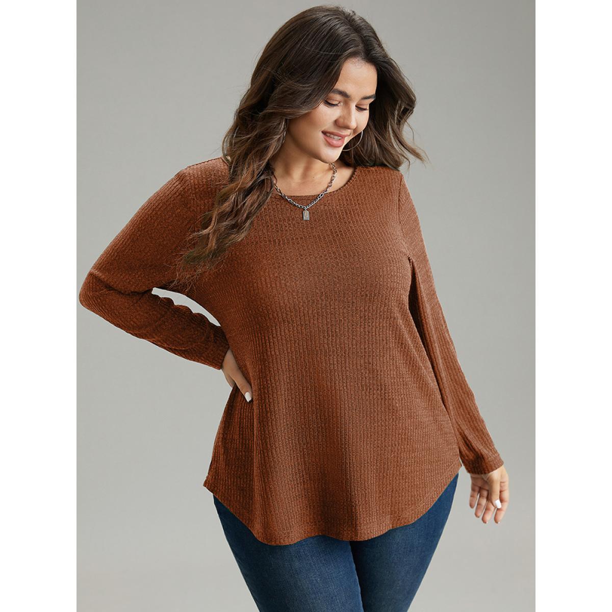 Plus Size Rib Knit Solid Crew Neck Button Detail T-shirt Bronze Women Casual Texture Plain Round Neck Dailywear T-shirts BloomChic 10/M Product Image
