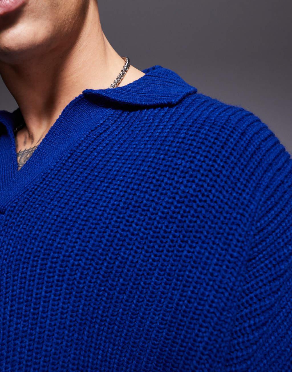 ASOS DESIGN super oversized boxy fit fisherman ribbed knitted notch neck sweater in dark blue Product Image