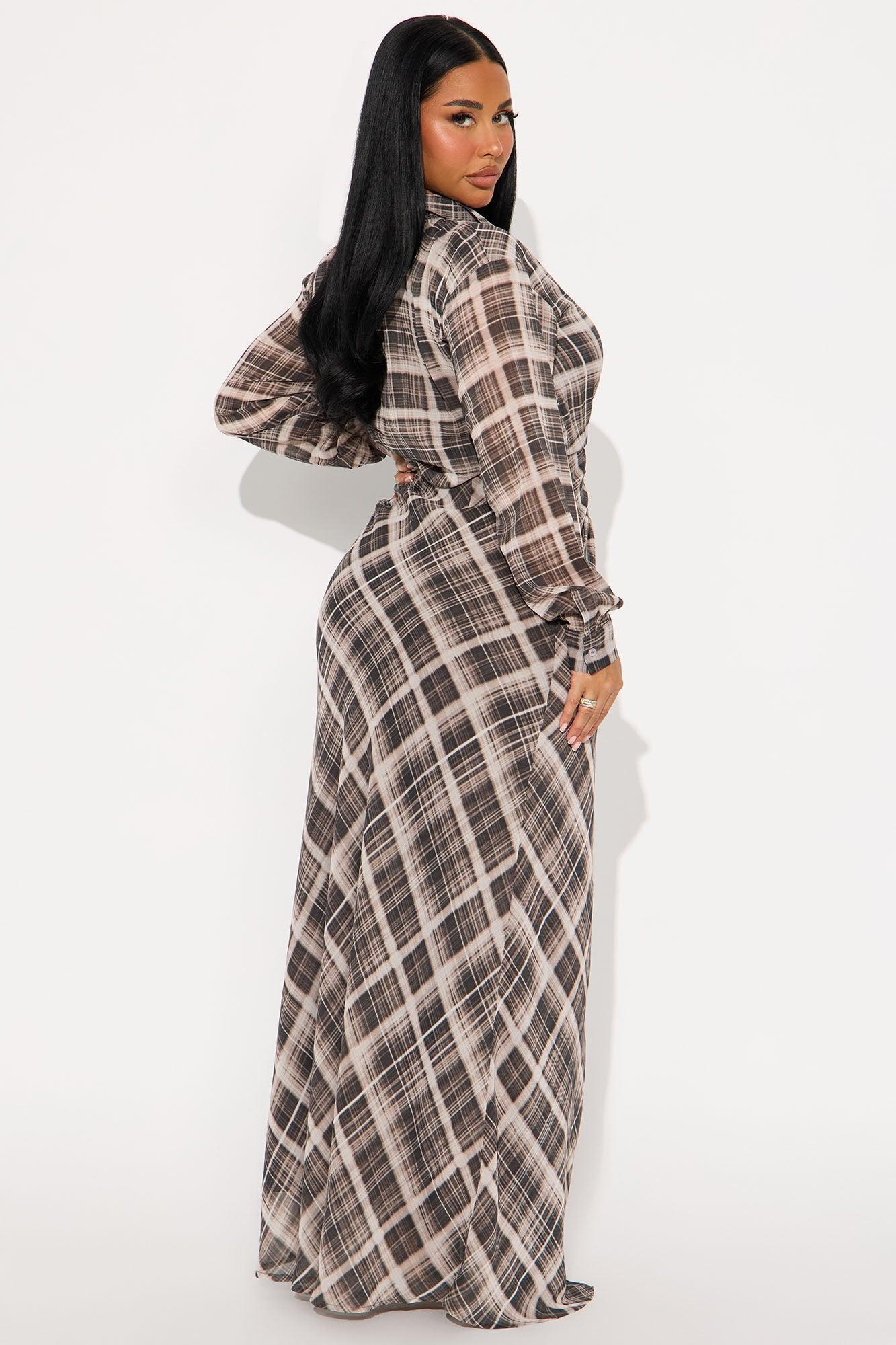 Anastasia Plaid Chiffon Maxi Shirt Dress - Brown Combo Product Image