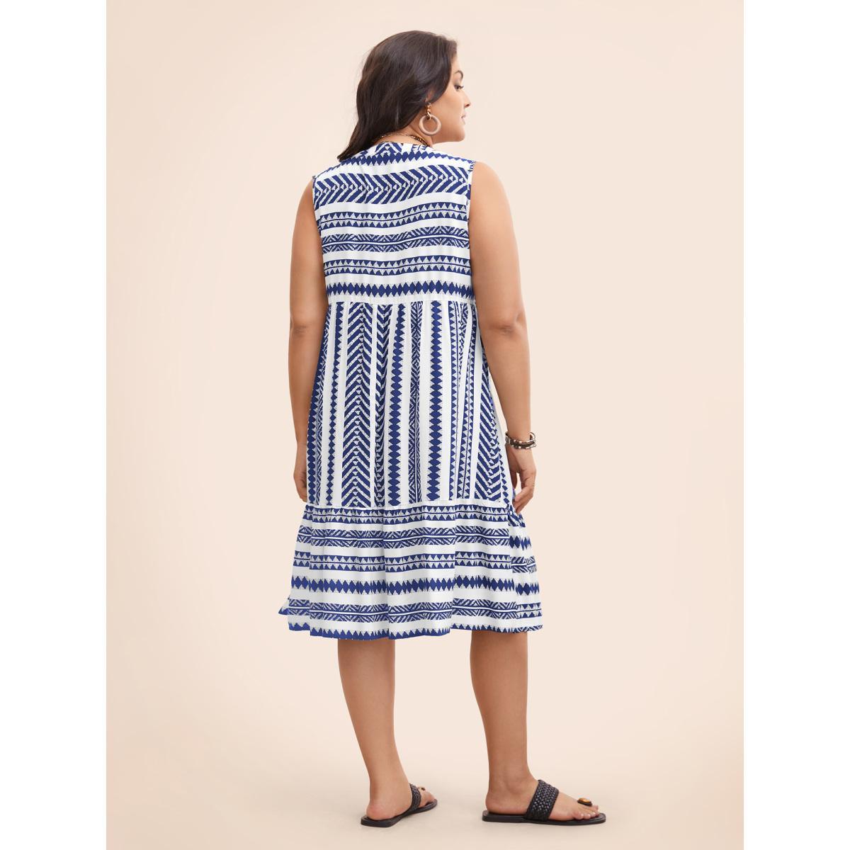 Plus Size Striped Geometric Pocket Ruffle Hem Sleeveless Tank Dress Blue Women Casual Non V-neck Sleeveless Curvy BloomChic 28/5X Product Image
