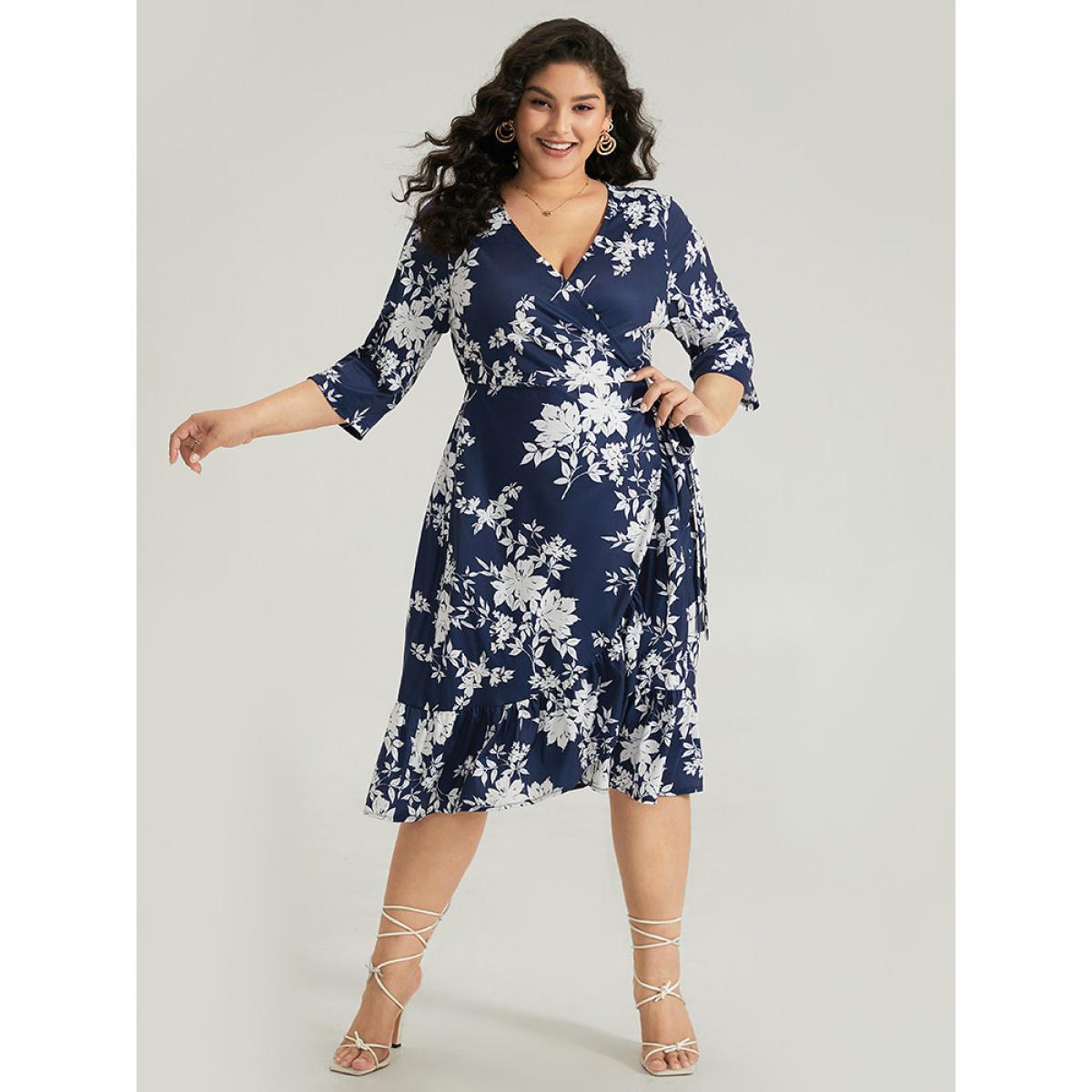 Plus Size Silhouette Floral Print Ties Wrap Dress Indigo Women Elegant Cross straps V-neck Elbow-length sleeve Curvy Midi Dress BloomChic 10/M Product Image