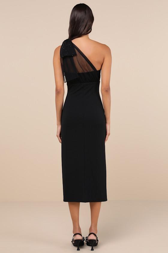 Elegant Indication Black Mesh Pearl One-Shoulder Midi Dress Product Image